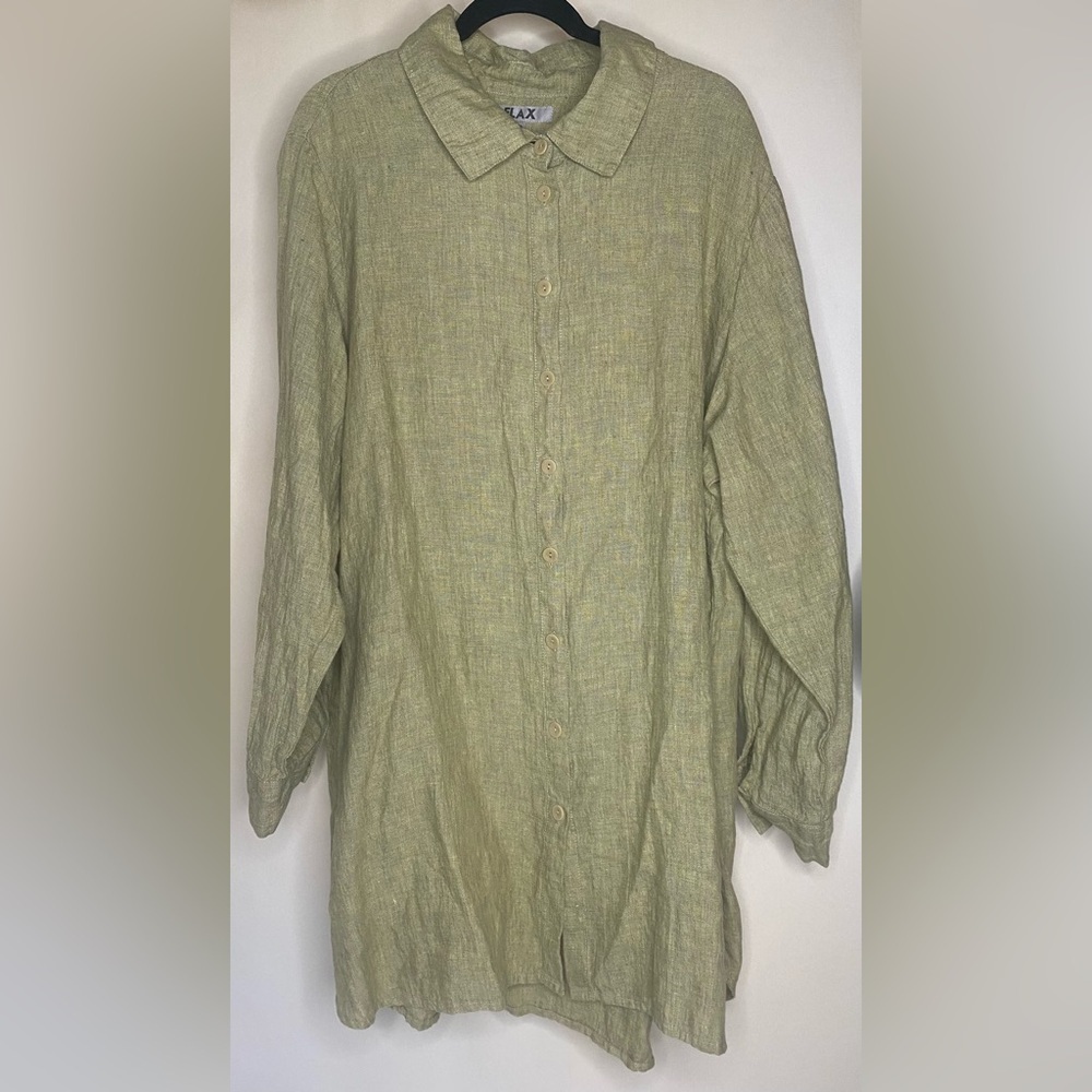 Flax Long Sleeve Lagenlook Minimalist Green Button Down Long Tunic Sz 20